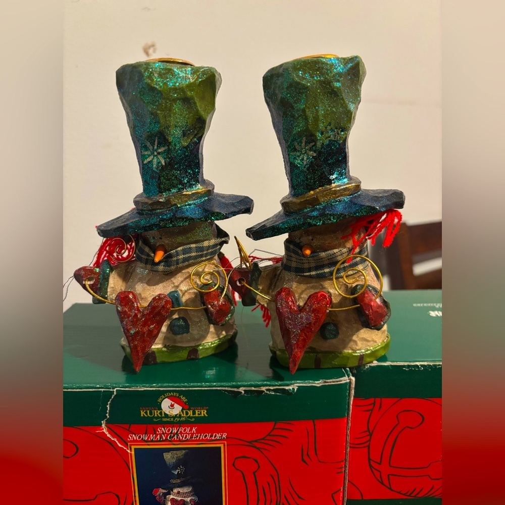 Kurt Adler Snowfolk Snowman Candle Holder, Hearts, 6.5 tall With Boxes Set Of 2